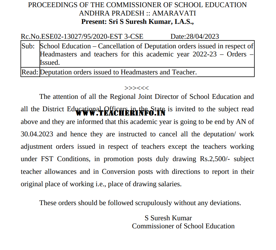 Cancellation of Deputation orders issued for  Headmasters and teachers for 2022-23