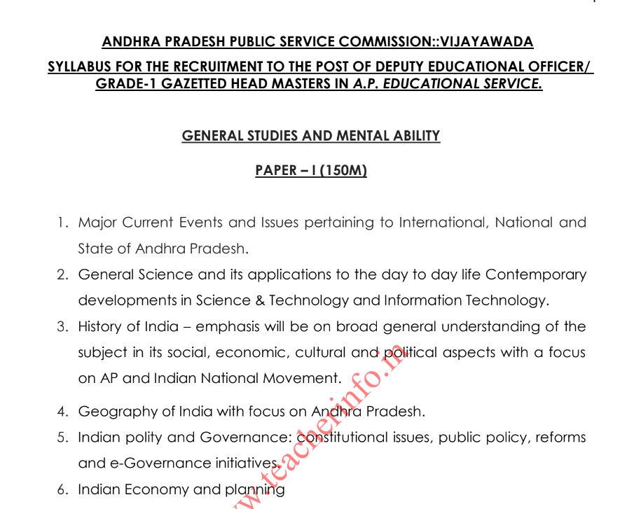 Official Syllabus for Deputy Educational Officer and GR-! Headmaster in AP