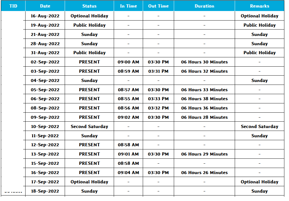 Check Your Attendance timings status