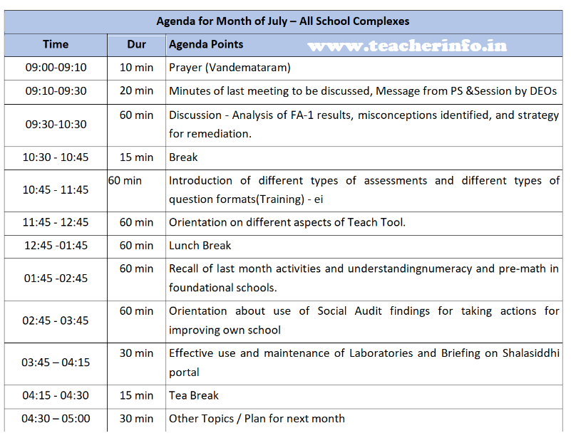 August Month School complex meeting Day 2 schedule and Agenda items