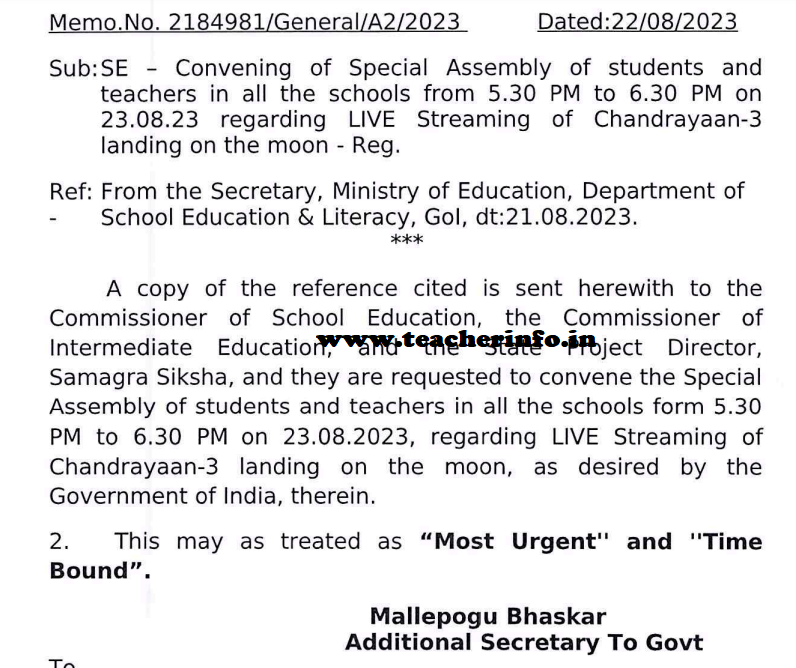 Conduct of Special Assembly in all Schools on 23 August Evening 5.30