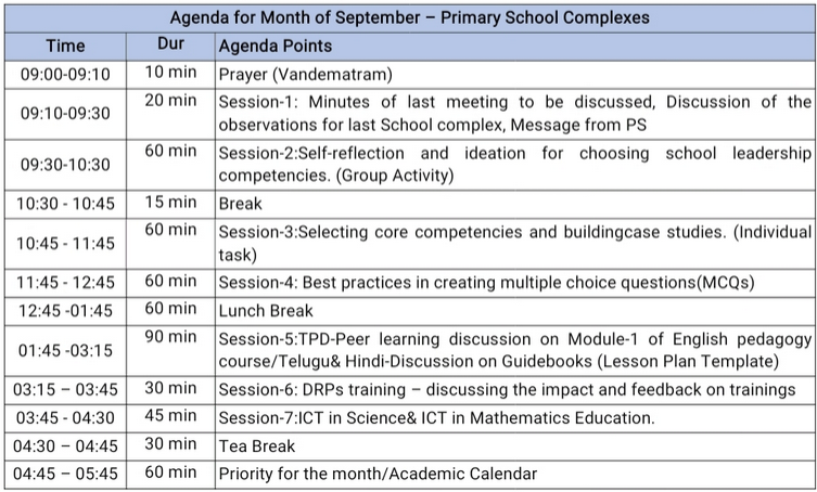 సెప్టెంబర్ 2023 నెల స్కూల్ కాంప్లెక్స్ మీటింగ్ ఎజెండా టైం టేబుల్