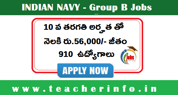 10 వ తరగతి అర్హత తో నెలకి రు.56,000/- జీతంతో నావీ లో 910  గ్రూప్ బి  ఉద్యోగాలు .. వివరాలు ఇవే..