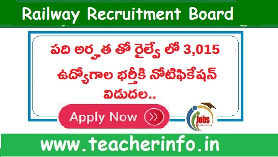 పది అర్హత తో రైల్వే లో 3,015 ఉద్యోగాల భర్తీకి నోటిఫికేషన్ విడుదల..