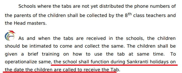 సంక్రాంతి సెలవుల్లో ఆ రోజుల్లో స్కూల్స్ తప్పని సరిగా పనిచేయాలి  .. టాబ్స్ పంపిణి కి ఉత్తర్వులు ..
